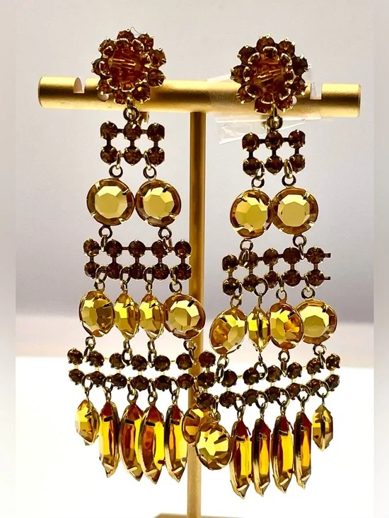 Vintage Amber Rhinestone Chandelier Earrings Gold Tone Statement Clip On - Picture 1 of 6